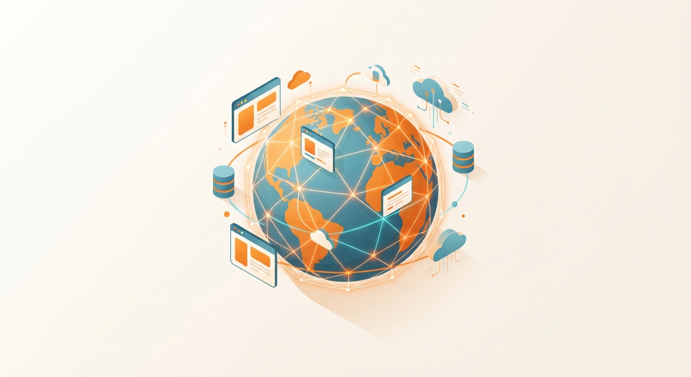 世界規模のエッジネットワークがアプリを支える概念図:地球儀を囲むネットワークメッシュ、アプリ画面、データベース、クラウドノード